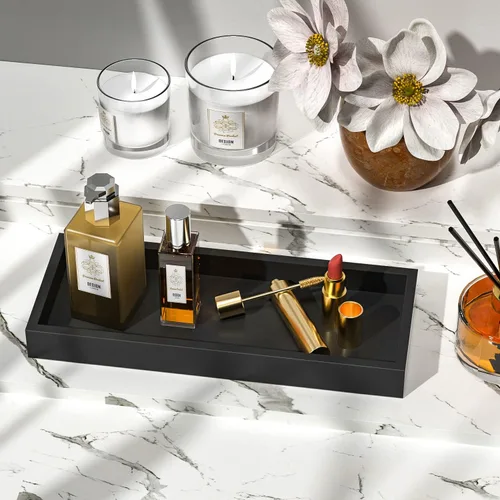 Miniatura 3 de ZHWS Bandeja de Baño para Encimera para Artículos de Tocador, Bandeja de Tocador Negra para Maquillaje Perfume Decoración Velas, Bandeja de Cocina