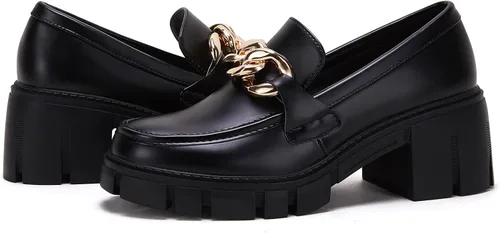 Miniatura 2 de TINSTREE - Mocasines de plataforma para mujer, con detalle de cadena, cómodos, tacón grueso, punta redonda, zapatos para trabajo y negocios