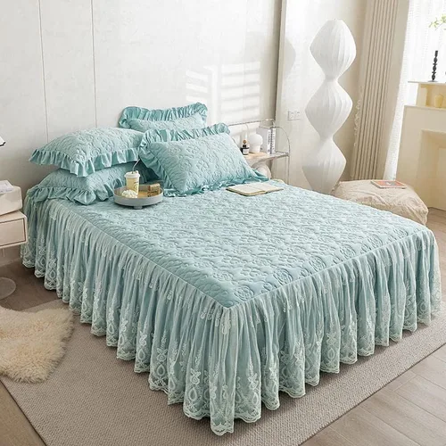 Miniatura 10 de Colcha acolchada de algodón brocado con patrón de flores, falda de cama con volantes, tamaño Queen, amarillo claro