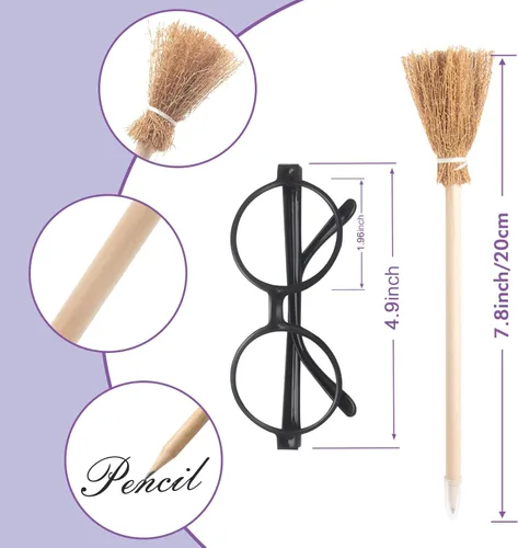 Miniatura 4 de Kit de suministros para fiestas, lentes redondos negros con marco redondo, sin lentes, lápiz de escoba, lápiz de varita para cumpleaños escolar