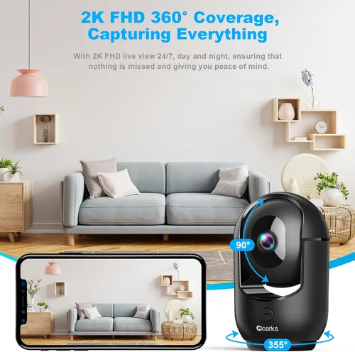 Miniatura 3 de Cloarks Cámara de seguridad panorámica/inclinable 2K, cámaras de interior WiFi para seguridad del hogar con detección de movimiento AI, cámara