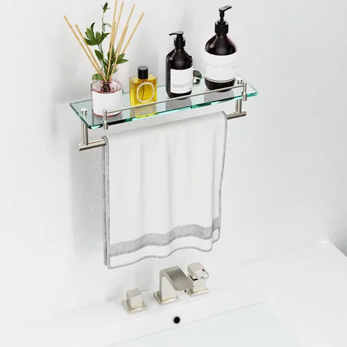 Miniatura 2 de Estante de baño flotante de vidrio templado con toallero, níquel cepillado y acero inoxidable, montaje en pared de 16 pulgadas
