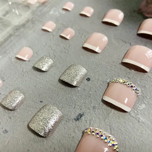 Miniatura 6 de Uñas postizas a presión, puntas blancas cuadradas, uñas postizas con purpurina y diamantes de imitación, uñas postizas con pegamento brillante