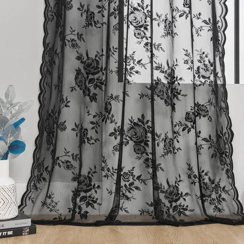 Miniatura 6 de SEEKRIGHT - 2 paneles de cortinas traslúcidas de encaje negro, cortinas góticas florales, cortinas victorianas con bolsillo para cortinero