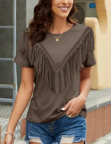 Miniatura 4 de PESION Camisas de manga corta con flecos para mujer, blusa con ribete de borlas