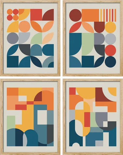 SIGNWIN Arte de pared enmarcado de polígonos geométricos coloridos modernos de mediados de siglo, juego de 4 impresiones geométricas abstractas para