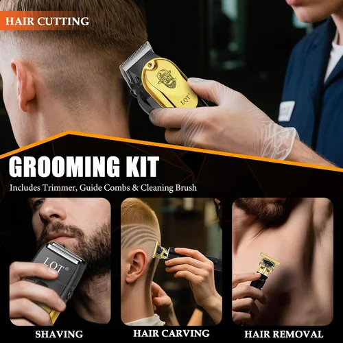 Miniatura 7 de Juego de cortapelos inalámbrico profesional y recortadora de barba de precisión para hombres, kit de aseo con afeitadora de aluminio, máquina