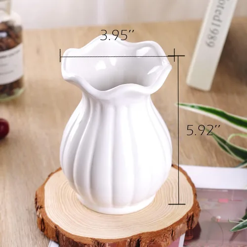 Miniatura 2 de VanEnjoy Florero decorativo de cerámica blanca de 6 pulgadas con diseño acanalado moderno de 6 pulgadas, flor de loto blanco