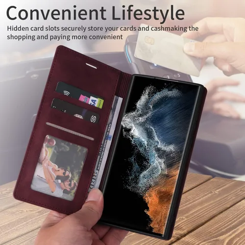 Miniatura 4 de ZZXX Funda tipo cartera para Samsung Galaxy S22 Plus con ranura para tarjeta de bloqueo RFID, marco de fotos, soporte magnético de cuero suave
