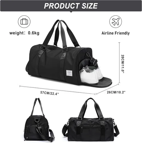 Miniatura 2 de Bolsa de gimnasio para mujer, bolsa de viaje de viaje, bolsa de mano deportiva, bolsa de fin de semana, negro, (H1-Black), Bolsa de gimnasio