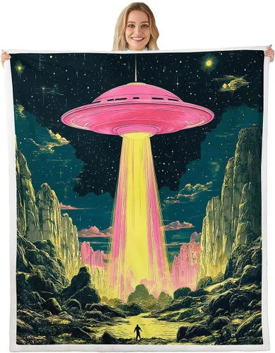 Miniatura 20 de Manta de franela de alienígena, misteriosa nave espacial estrellada con purpurina y planetas de cielo para decoración de habitaciones, manta