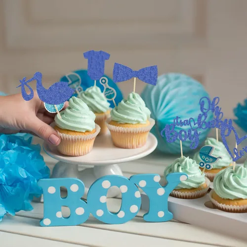Miniatura 5 de Gyufise Paquete de 36 adornos para cupcakes "It's a Boy" con corbata, mameluco de amor, corazón, azul profundo, purpurina azul oscuro, decoración