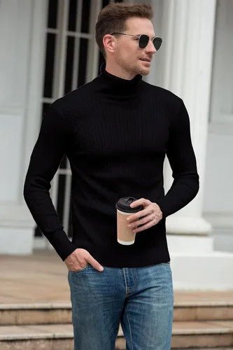 Miniatura 4 de QZH.DUAO - Suéteres informales de cuello alto para hombre, diseño entallado de punto trenzado, manga larga, sin botones