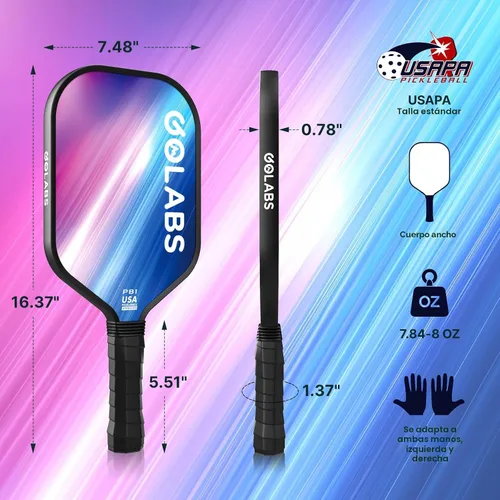 Miniatura 6 de Juego de palas de pickleball Golabs PB1 de 2, superficie duradera de fibra de vidrio y núcleo de polímero de potencia STR de 16 mm de núcleo, Rosa