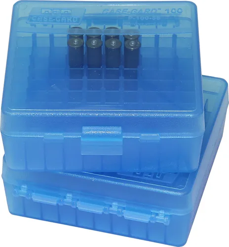 Miniatura 2 de MTM Caja de munición con tapa abatible para 100 balas calibre 38/357 (Azul claro)