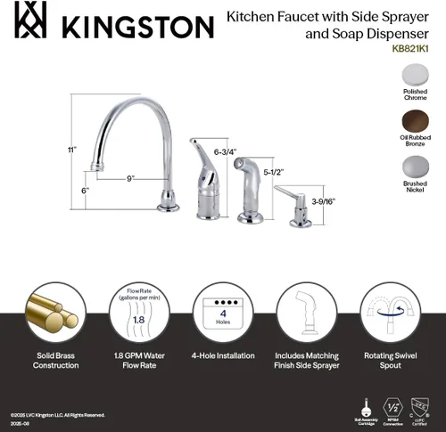 Miniatura 5 de Kingston Brass KB828K8 Chatham - Grifo de cocina con mango de una sola palanca con rociador y dispensador de jabón, níquel cepillado, alcance