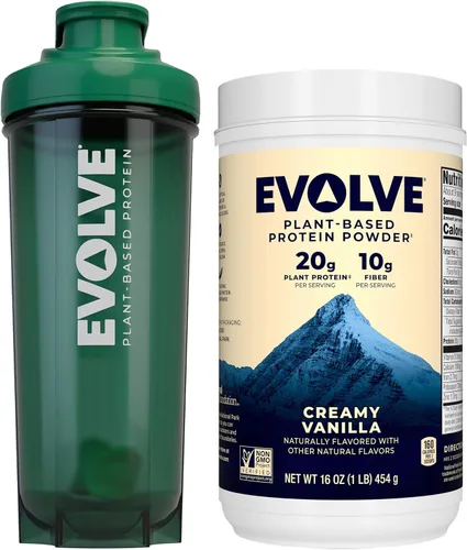 Paquete de proteína Evolve en polvo, vainilla ideal, 0.71 oz de proteína, 1 libra + botella Evolve Blender, sin BPA, 24 onzas
