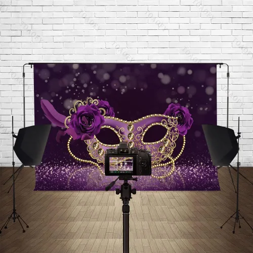 Miniatura 2 de TAYBYC133 TAYBYC133 - Máscara de fondo de fotografía de 7 x 5 pies, fondo de Mardi Gras, máscara morada para niñas y adultos, fiesta de máscaras