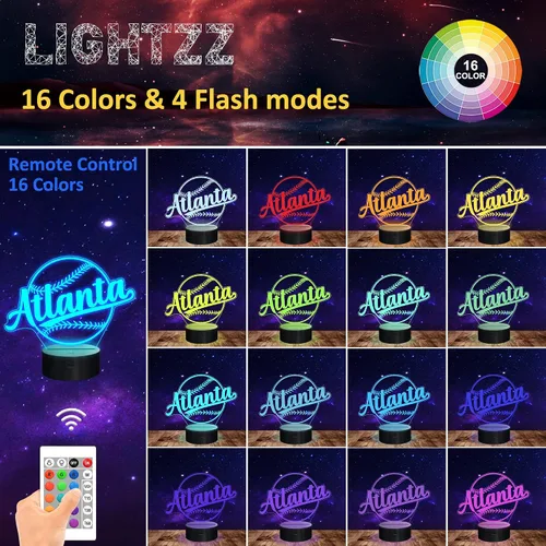 Miniatura 5 de Regalos de béisbol, luz nocturna de béisbol, lámpara de ilusión 3D para regalo de niños con 16 colores cambiantes, control remoto, iluminación