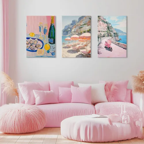 Miniatura 2 de HNNXAR Amalfi Coast - Lienzo decorativo para pared, pintura italiana de playa, pintura artística italiana, fruta, champán, juego de 3, decoración