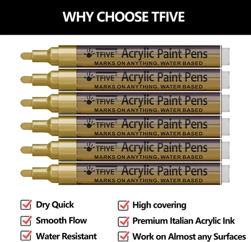 Miniatura 2 de Rotuladores de pintura acrílica dorados, punta media de 0.079 a 0.118 pulgadas, paquete de 6 bolígrafos de pintura permanente a base de agua dorados