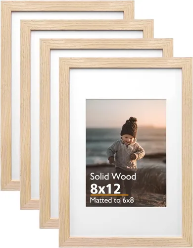 KINLINK Portarretratos de 8 x 12 pulgadas, color natural, de madera maciza con plexiglás acrílico para fotos de 6 x 8 pulgadas con paspartú o de 8 x