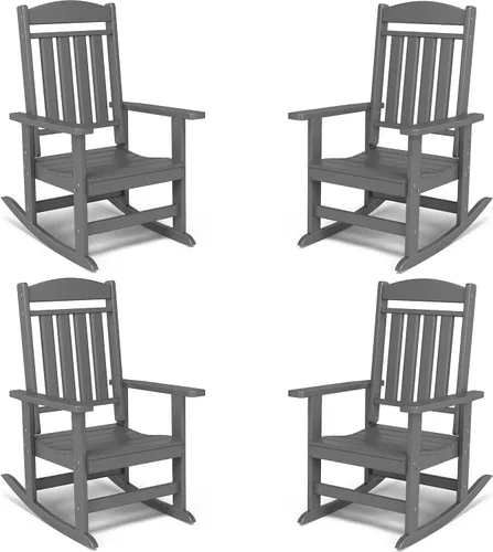 Miniatura 30 de FOOWIN Juego de sillas mecedoras de patio de 2 piezas, mecedora de porche con respaldo alto de HDPE, mecedora de porche de madera de polietileno