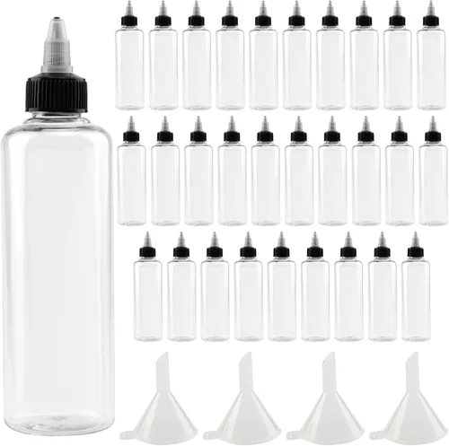 Miniatura 9 de 64 botellas de plástico de 4 onzas, botellas dispensadoras redondas con tapa superior giratoria para manualidades, cocina, hogar, transparente