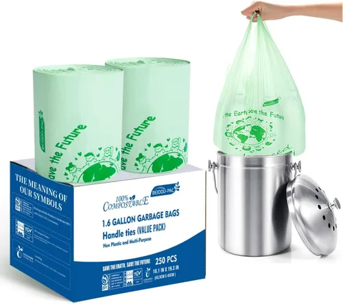 Miniatura 13 de BEIDOU-PAC Bolsas de basura compostables con solapa de 1 a 2 galones, 120 bolsas de abono pequeñas, bolsas de basura biodegradables para cocina