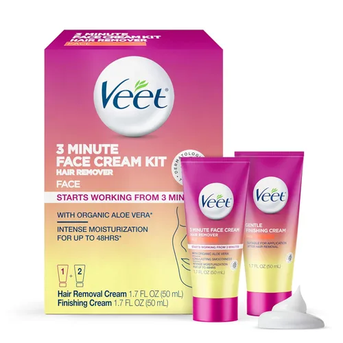 Crema de depilación facial Veet de 3 minutos para mujeres, crema depilatoria con aloe vera orgánico, kit de depilación facial para mujeres de 2