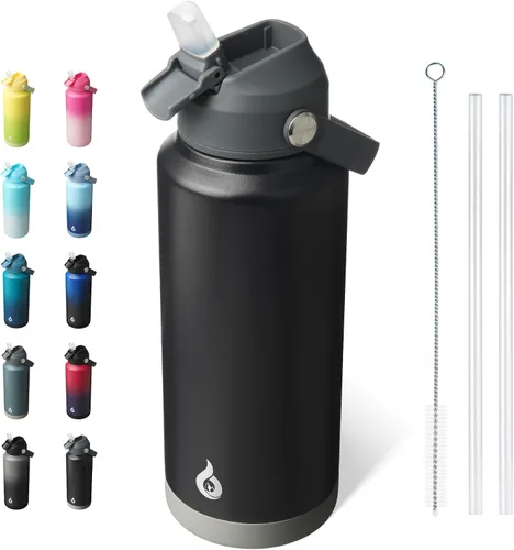 Miniatura 38 de BJPKPK - Botella de agua aislada con tapa de popote, 532 ml Botellas termo con boquilla suave, asa flexible y base antideslizante, libre de BPA, a