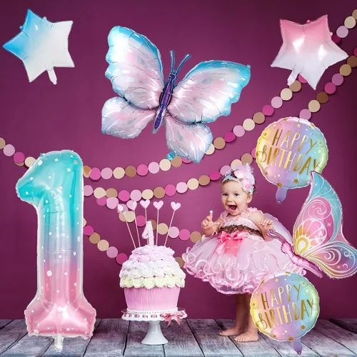 Miniatura 5 de Decoraciones de cumpleaños de mariposa, globos de mariposa, decoraciones de fiesta de primer cumpleaños para niñas, números de fantasía, 1 globo