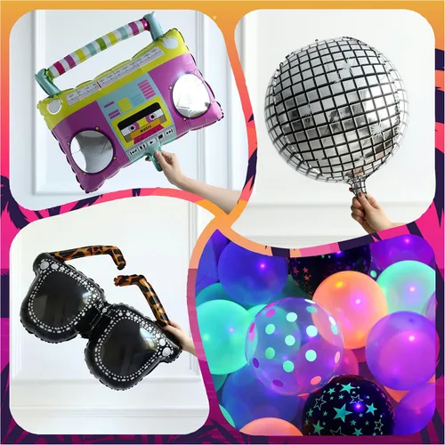 Miniatura 6 de Decoraciones de fiesta con temática musical de neón, 165 globos que brillan en la oscuridad con gafas de radio de bola de discoteca retro, globos