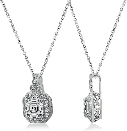 Miniatura 2 de Tienda Essentials Juego de collar con colgante de plata de ley chapada en platino con circonita cúbica de elementos infinitos de corte Asscher