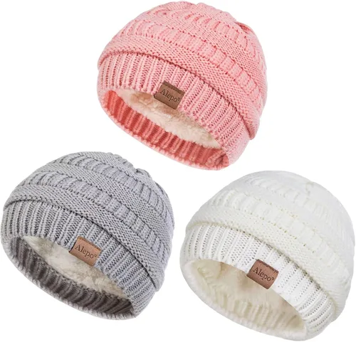 Alepo Paquete de 3 gorros de invierno para niñas y niños, con forro polar suave y cálido, gorro de invierno para recién nacidos, niños pequeños