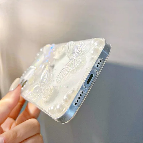 Miniatura 6 de Funda compatible con iPhone 13 Mini 3D, diseño floral de mariposa, transparente con diseño estético, fundas protectoras con purpurina y cristales