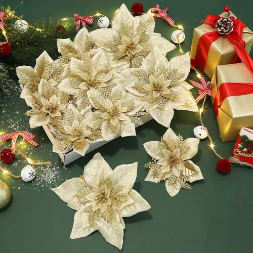 Miniatura 10 de Alupssuc 24 PCS Flores de Pascua Navideñas Negras Artificiales con Purpurina, Decoraciones Navideñas para Árbol, Corona, Chimenea, Flores de Pascua