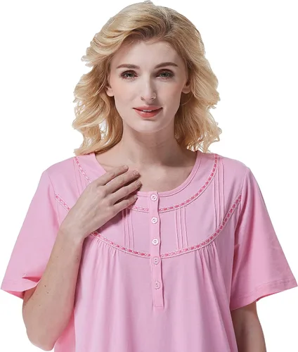Miniatura 8 de Keyocean - Camisón de algodón para mujer, suave, cómodo, ligero, manga corta, vestido de casa, ropa de dormir, ropa de sala para verano.