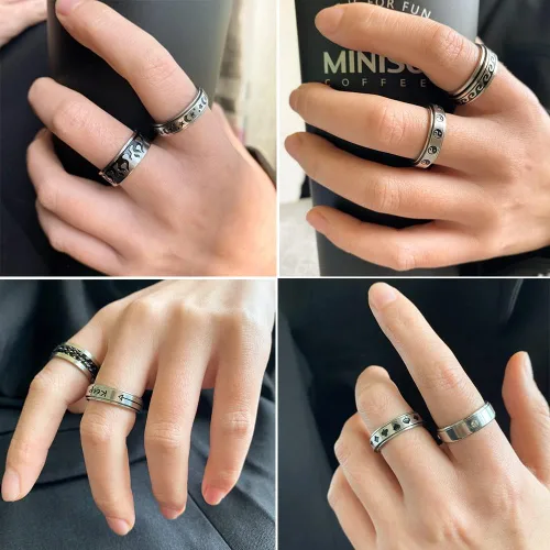 Miniatura 5 de Anillos de acero inoxidable para hombres, anillos de ansiedad plateados para la ansiedad para mujeres, juego de anillos giratorios geniales, paquete