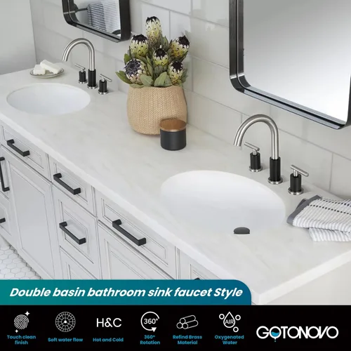 Miniatura 2 de gotonovo Grifo de Lavabo de Baño de 3 Orificios 2 Manijas con Desagüe Emergente con Válvulas Mezcladoras de Agua Caliente y Fría Grifo de Baño Negro