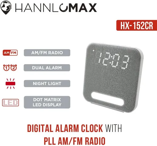 Miniatura 4 de HANNLOMAX Radio despertador HX-152CR, radio PLL AM/FM, reloj digital con alarma doble, luz nocturna. (gris)