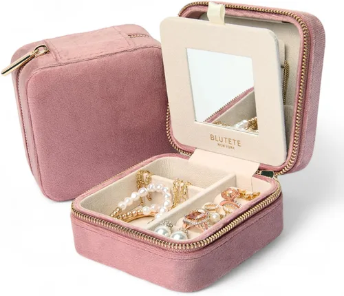 Miniatura 31 de BLUTETE Joyero de viaje organizador de terciopelo con anillos de espejo, aretes, collares, caja organizadora de almacenamiento (negro)