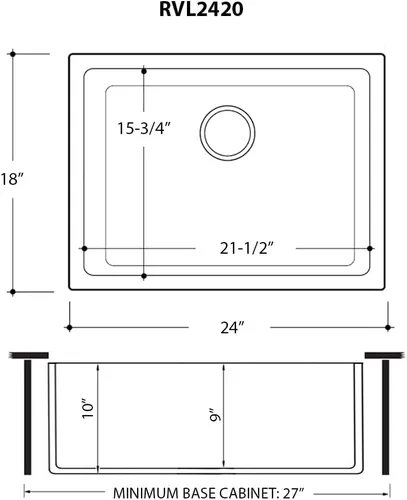 Miniatura 7 de Ruvati RVL2420BK - Fregadero de cocina de montaje inferior/empotrado de arcilla refractaria de 24 pulgadas - negro brillante