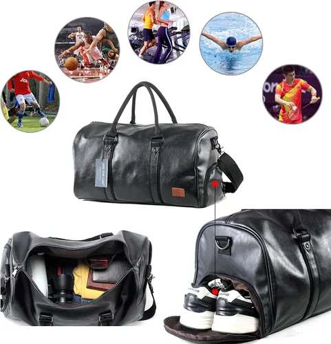 Miniatura 5 de Bolsa de viaje de cuero con bolsa para zapatos, bolsa impermeable para fin de semana, bolsa de lona de mano para hombres y mujeres, color negro