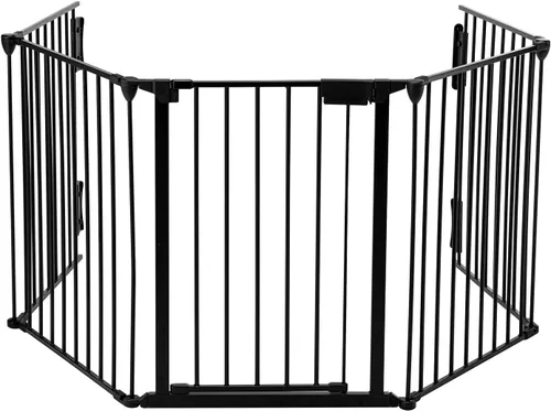 Miniatura 9 de SOSPIRO Puerta negra extra ancha para bebés de 118 pulgadas con puerta, valla larga de metal, puertas altas para perros para mascotas, escaleras