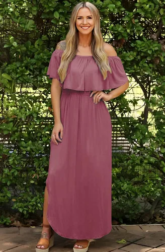 Miniatura 4 de Sarin Mathews - Vestido de fiesta para mujer, estilo casual largo hasta los tobillos, con volantes, hombros descubiertos, abertura lateral