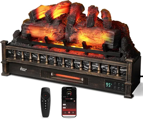TURBRO Eternal Flame - Calentador eléctrico de cuarzo infrarrojo WiFi de 30 pulgadas con sonido crujiente, troncos de madera de pino realistas,