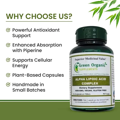 Miniatura 5 de Green Organic Supplements' Alpha Lipoic Acid Complex, ALA, 90 VCaps Alpha Lipoic Acid Capsules (Pack of 3)