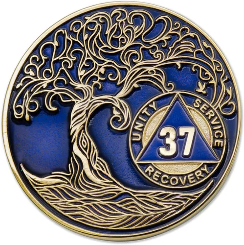 Miniatura 58 de 20 Year Sobriety Mint Twisted Tree of Life - Medallón de recuperación AA chapado en oro, fichas y fichas, color negro