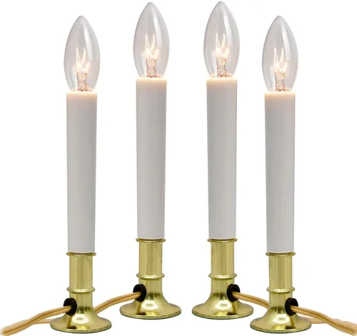 Paquete de 4 velas eléctricas de Navidad con base chapada en oro, velas de ventana de Navidad con bombillas transparentes C26 de 7 W, luces de vela